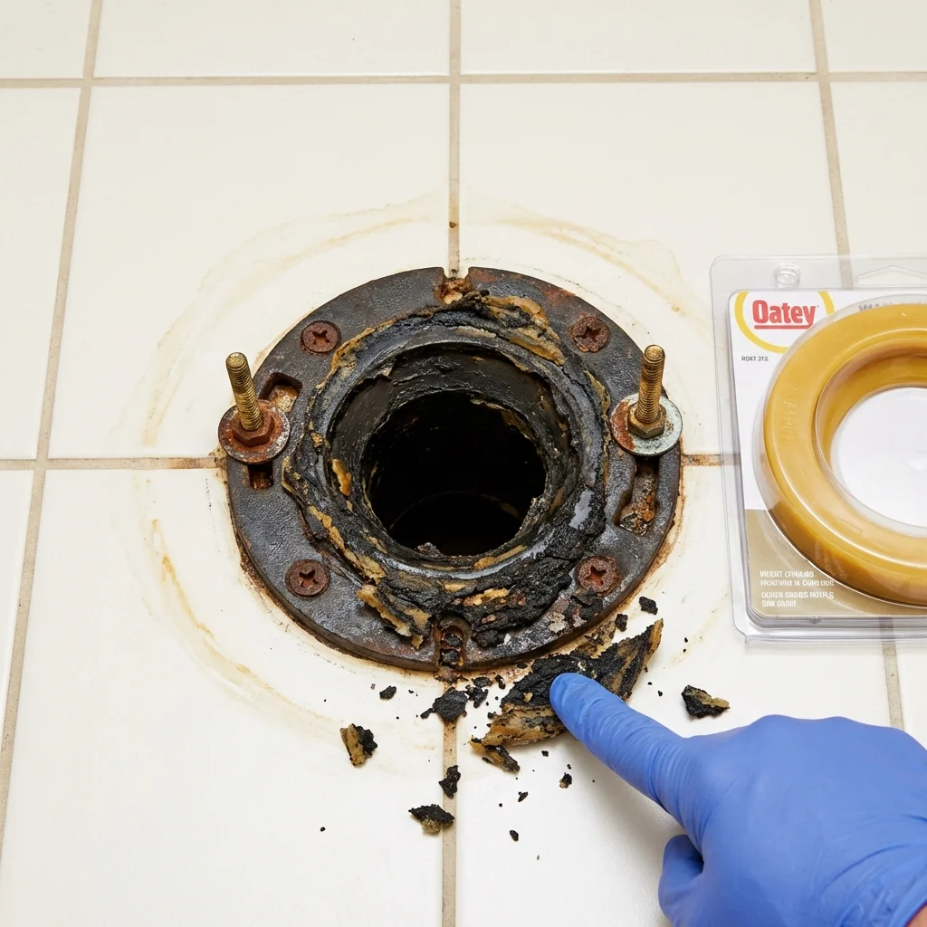 Failed wax ring showing water seepage at the base of a toilet in a Quincy, IL home