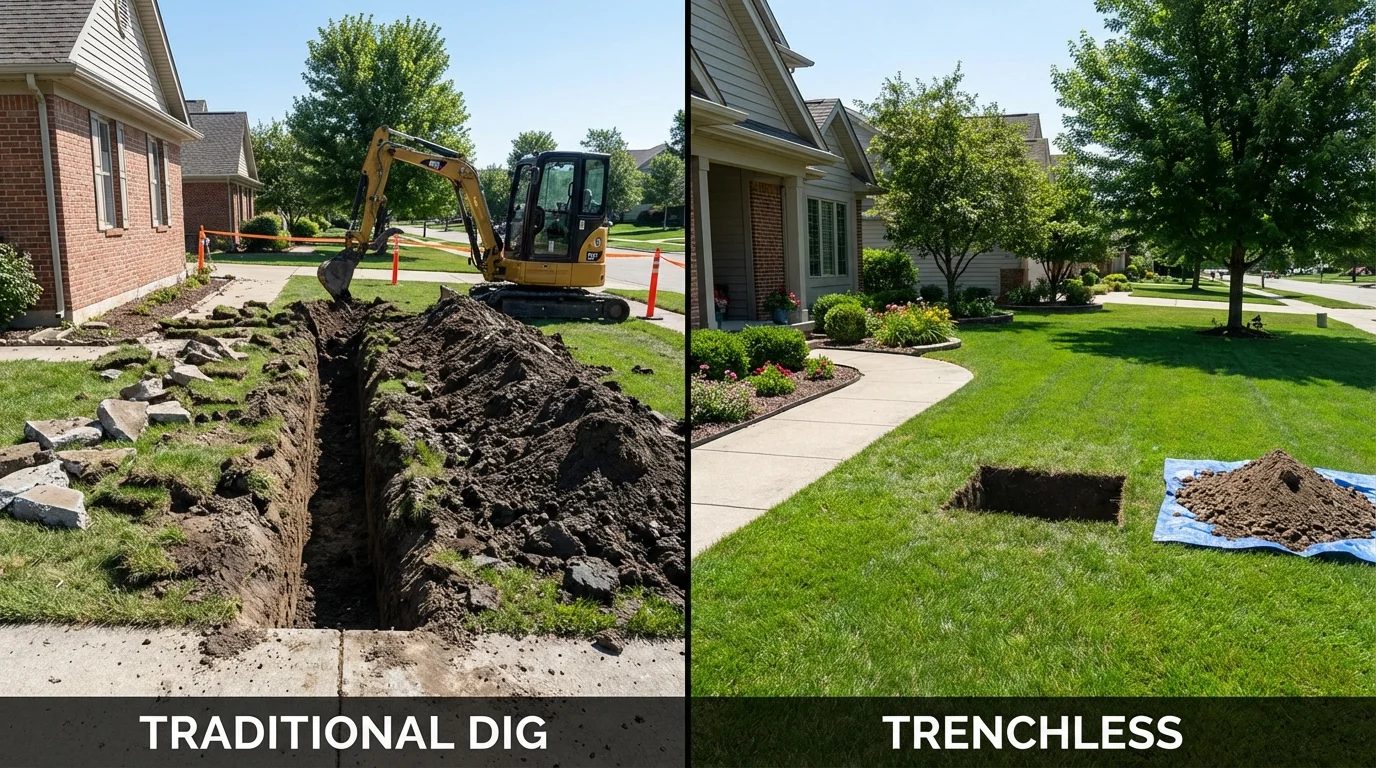 Trenchless sewer repair with minimal yard damage versus traditional excavation in Quincy, IL