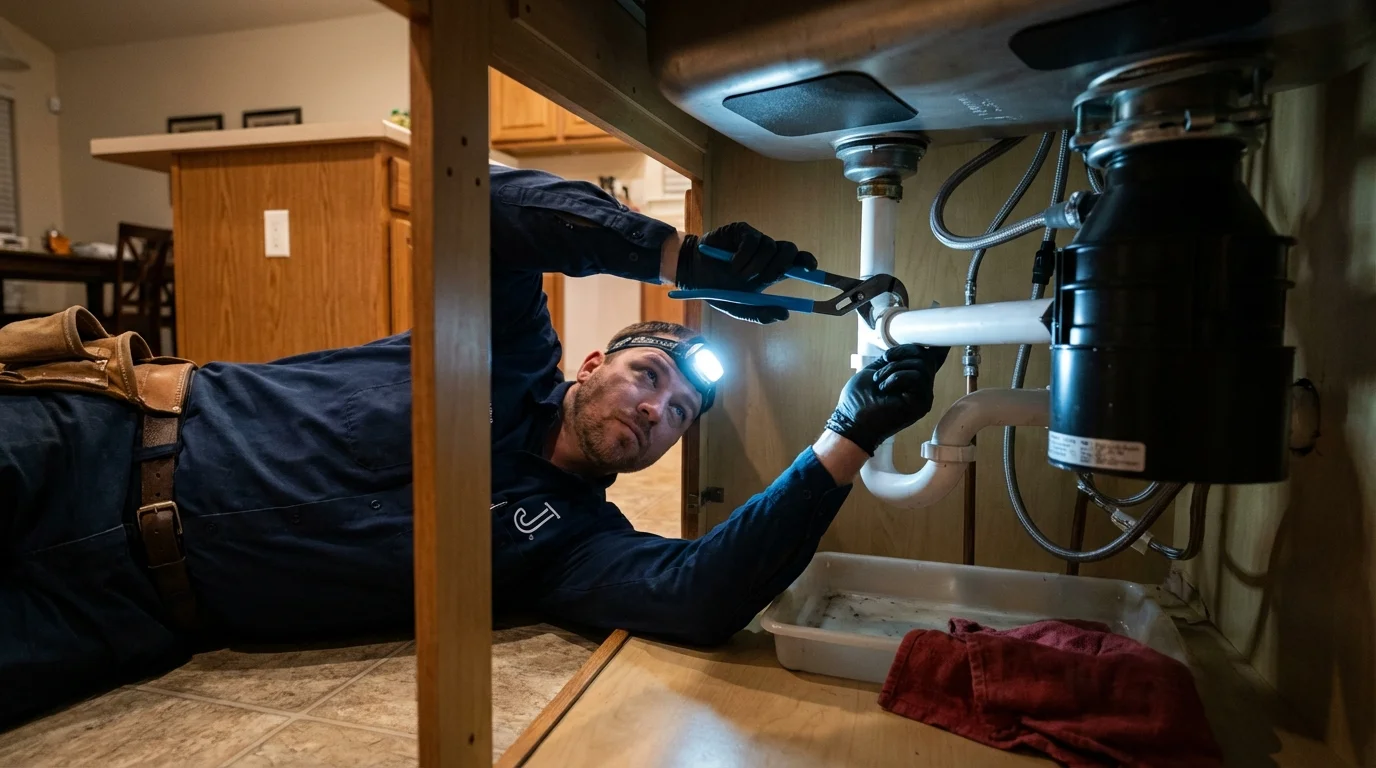 P-trap and supply line connections under a kitchen sink showing a common leak point in Quincy, IL